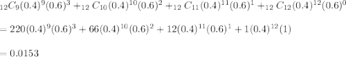 _{12}C_9(0.4)^9(0.6)^3+_{12}C_{10}(0.4)^{10}(0.6)^2+_{12}C_{11}(0.4)^{11}(0.6)^1+_{12}C_{12}(0.4)^{12}(0.6)^0\\\\=220(0.4)^9(0.6)^3+66(0.4)^{10}(0.6)^2+12(0.4)^{11}(0.6)^1+1(0.4)^{12}(1)\\\\=0.0153