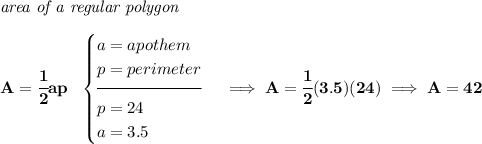 \bf \textit{area of a regular polygon}\\\\ A=\cfrac{1}{2}ap~~ \begin{cases} a=apothem\\ p=perimeter\\[-0.5em] \hrulefill\\ p=24\\ a=3.5 \end{cases}\implies A=\cfrac{1}{2}(3.5)(24)\implies A=42