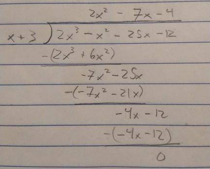 The polynomial p(x)=2x^3-x^2-25x-12 has a known factor of (x+3). rewrite p(x) as a product of linear
