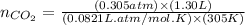 n_{CO_2}=\frac{(0.305atm)\times (1.30L)}{(0.0821L.atm/mol.K)\times (305K)}