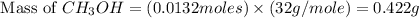 \text{ Mass of }CH_3OH=(0.0132moles)\times (32g/mole)=0.422g