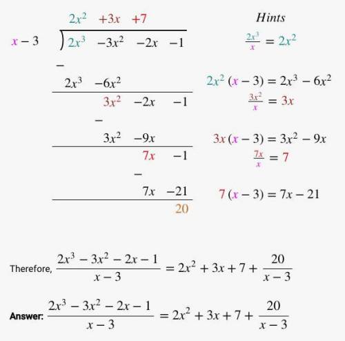 Use polynomial long division to find the quotient and the remainder when 2x^3-3x^2-2x-1 is divided b