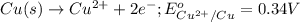 Cu(s)\rightarrow Cu^{2+}+2e^-;E^o_{Cu^{2+}/Cu}=0.34V