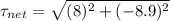 \tau_{net} = \sqrt{(8)^2+(-8.9)^2}
