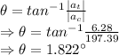 \theta=tan^{-1}\frac{|a_t|}{|a_c|}\\\Rightarrow \theta=tan^{-1}\frac{6.28}{197.39}\\\Rightarrow \theta=1.822^{\circ}