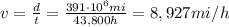 v=\frac{d}{t}=\frac{391\cdot 10^6 mi}{43,800 h}=8,927 mi/h