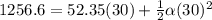 1256.6 = 52.35(30) + \frac{1}{2}\alpha (30)^2
