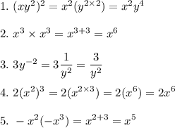 1.~ (xy^2)^2 = x^2(y^{2\times 2}) = x^2y^4\\\\2.~ x^3\times x^3 = x^{3+3} = x^6\\\\3.~ 3y^{-2} = 3\displaystyle\frac{1}{y^2} = \frac{3}{y^2}\\\\4.~ 2(x^2)^3 = 2(x^{2\times 3}) = 2(x^6)=2x^6\\\\5.~ -x^2(-x^3) = x^{2+3} = x^5