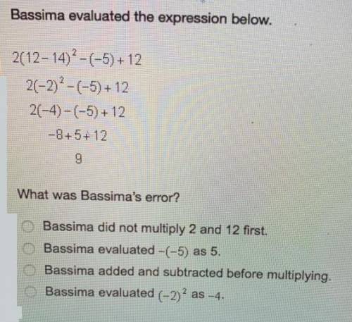 Bassima evaluated the expression below. what was bassima's error?
