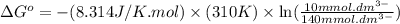 \Delta G^o=-(8.314J/K.mol)\times (310K)\times \ln (\frac{10mmol.dm^{3-}}{140mmol.dm^{3-}})