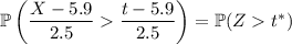 \mathbb P\left(\dfrac{X-5.9}{2.5}\dfrac{t-5.9}{2.5}\right)=\mathbb P(Zt^*)