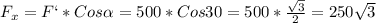 F_{x} = F`*Cos\alpha =500*Cos30=500*\frac{\sqrt{3} }{2} =250\sqrt{3}