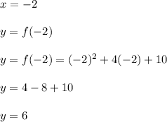 x = -2\\\\y = f(-2)\\\\y = f(-2) = (-2) ^ 2 +4 (-2) +10\\\\y = 4 - 8 +10\\\\y = 6
