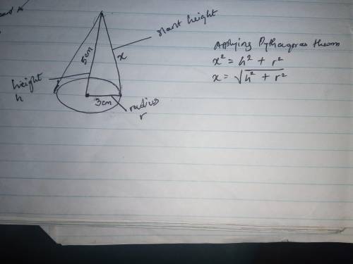 Find the slant height for a right circular cone with a radius of 3 and a height of 5. 4 √(31) √(34