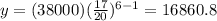 y=(38000) ( \frac{17}{20}) ^{6-1}= 16860.8