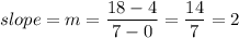 slope = m = \dfrac{18 - 4}{7 - 0} = \dfrac{14}{7} = 2
