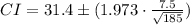 CI=31.4\pm(1.973\cdot \frac{7.5}{\sqrt{185}})