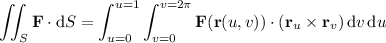 \displaystyle\iint_S\mathbf F\cdot\mathrm dS=\int_{u=0}^{u=1}\int_{v=0}^{v=2\pi}\mathbf F(\mathbf r(u,v))\cdot(\mathbf r_u\times\mathbf r_v)\,\mathrm dv\,\mathrm du