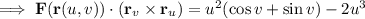 \implies\mathbf F(\mathbf r(u,v))\cdot(\mathbf r_v\times\mathbf r_u)=u^2(\cos v+\sin v)-2u^3
