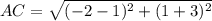 AC=\sqrt{(-2-1)^{2}+(1+3)^{2}}