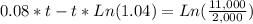 0.08*t-t*Ln(1.04) =Ln(\frac{11,000}{2,000} )