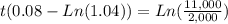 t(0.08-Ln(1.04) )=Ln(\frac{11,000}{2,000} )