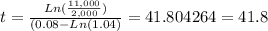 t =\frac{Ln(\frac{11,000}{2,000} )}{(0.08-Ln(1.04)} =41.804264=41.8
