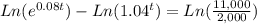 Ln(e^{0.08t})-Ln(1.04^{t} ) =Ln(\frac{11,000}{2,000} )