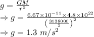 g=\frac{GM}{r^2}\\\Rightarrow g=\frac{6.67\times 10^{-11}\times 4.8\times 10^{22}}{\left(\frac{3138000}{2}\right)^2}\\\Rightarrow g=1.3\ m/s^2