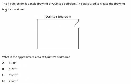 The figure below is a scale drawing of quinto's bedroom. the scale used to create the drawing is 1/2