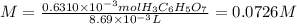 M=\frac{0.6310 \times 10^{-3} molH_{3}C_{6}H_{5}O_{7}}{8.69 \times 10^{-3} L} =0.0726M