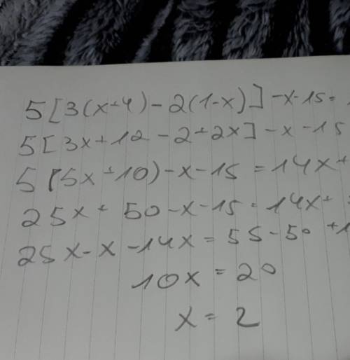 5[3(x+4)-2(1-x)]-x-15=14x+55 what is x