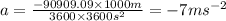 a=\frac{-90909.09 \times 1000 m}{3600 \times 3600 s^{2}}=-7 m s^{-2}