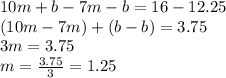10m+b-7m-b=16-12.25\\(10m-7m)+(b-b)=3.75\\3m=3.75\\m=\frac{3.75}{3}=1.25