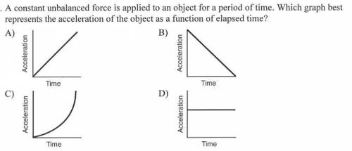 Aconstant unbalanced force is applied to an object for a period of time. which graph best represents