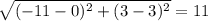 \sqrt{(-11 - 0)^{2} + (3 - 3)^{2}} = 11