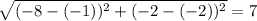 \sqrt{(-8 - (- 1))^{2} + (- 2 - ( - 2))^{2}  } = 7
