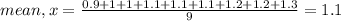 mean , x = \frac{0.9 + 1 + 1+ 1.1 + 1.1 + 1.1 + 1.2 +1.2 + 1.3}{9} = 1.1
