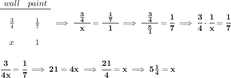\bf \begin{array}{ccll} wall&paint\\ \cline{1-2}\\ \frac{3}{4}&\frac{1}{7}\\\\ x&1 \end{array}\implies \cfrac{~~\frac{3}{4}~~}{x}=\cfrac{~~\frac{1}{7}~~}{1}\implies \cfrac{~~\frac{3}{4}~~}{\frac{x}{1}}=\cfrac{1}{7}\implies \cfrac{3}{4}\cdot \cfrac{1}{x}=\cfrac{1}{7} \\\\\\ \cfrac{3}{4x}=\cfrac{1}{7}\implies 21=4x\implies \cfrac{21}{4}=x\implies 5\frac{1}{4}=x
