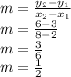 m=\frac{y_2-y_1}{x_2-x_1}\\m=\frac{6-3}{8-2}\\m=\frac{3}{6}\\m=\frac{1}{2}