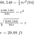 88,548=\frac{1}{3}\pi r^2(94)\\\\\frac{3(88,548)}{94\pi}=r^2\\\\\sqrt{\frac{3(88,548)}{94\pi}}=r\\\\r=29.99\ ft