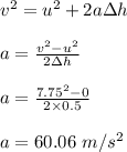 v^2 = u^2 + 2a\Delta h\\\\a = \frac{v^2 - u^2}{2\Delta h} \\\\a = \frac{7.75^2 -0 }{2\times 0.5} \\\\a = 60.06 \ m/s^2