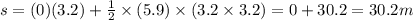 s=(0)(3.2)+\frac{1}{2}\times (5.9)\times (3.2\times 3.2)=0+30.2=30.2m