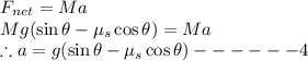 F_{net}=Ma\\Mg(\sin \theta-\mu_s \cos \theta)=Ma\\\therefore a=g(\sin \theta-\mu_s \cos \theta)------4