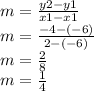 m  = \frac{y2 - y1}{x1 - x1} \\m  = \frac{-4 - (-6)}{2 - (-6)} \\m = \frac{2}{8}\\m= \frac{1}{4}