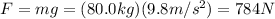 F=mg=(80.0 kg)(9.8 m/s^2)=784 N