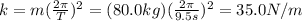 k=m(\frac{2\pi}{T})^2=(80.0 kg)(\frac{2\pi}{9.5 s})^2=35.0 N/m