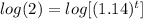 log(2)=log[(1.14)^{t}]