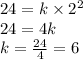 24=k\times 2^2\\24=4k\\k=\frac{24}{4}=6
