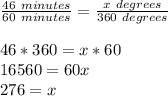 \frac{46\ minutes}{60\ minutes} = \frac{x\ degrees}{360\ degrees}\\\\46*360=x*60\\16560=60x\\276=x